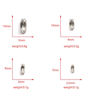 Multiple sizes of silver stainless steel ball chain connectors with dimensions