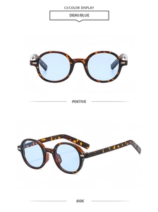 Detail of tortoiseshell oval frame sunglasses with light blue lenses showing front and side views