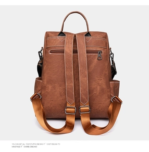 Rear view of brown PU leather backpack with adjustable straps and zippered security pocket