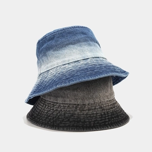 Vintage washed denim bucket hats with gradient blue and grey colors for outdoor sun protection