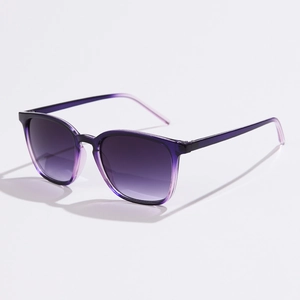 Close-up of purple gradient lenses and translucent resin frame on square sunglasses