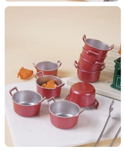 Miniature red cooking pot models with roasted chicken and tweezers for dollhouse decor
