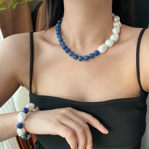 Elegant lapis lazuli and baroque pearl necklace and bracelet jewelry set for women