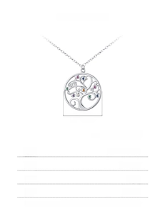 Detail of 925 sterling silver tree of life pendant with colorful zircons and size markings