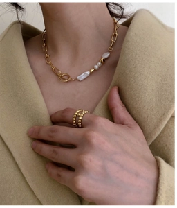 Gold chain and baroque pearl necklace with OT toggle clasp and matching beaded ring