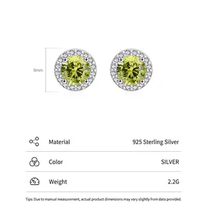 Luxury S925 sterling silver halo stud earrings with 9mm yellow-green gemstone