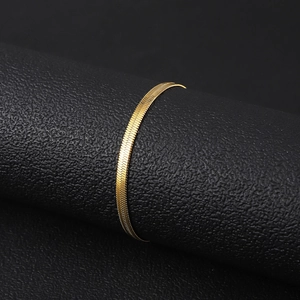Detailed macro shot of a golden flat snake chain bracelet with polished scale texture