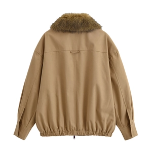 Khaki utility jacket for women featuring a thick brown faux fur collar and elastic hemline