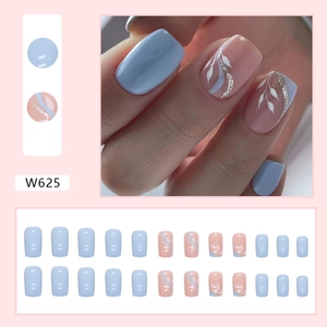 Light blue press-on nails with white leaf art and silver glitter lines in 24 piece set