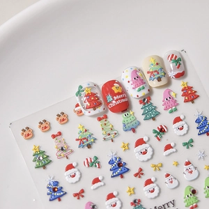 Stickers ongles 3D de Noël avec motifs Père Noël, flocons de neige et rennes en relief