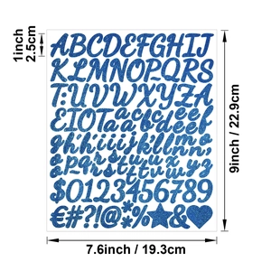 Close-up of 1 inch blue glitter alphabet stickers for DIY crafts and graduation caps