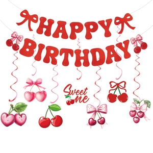 Sparkly red Happy Birthday cherry party banner and spiral hanging decorations set