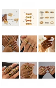 Detailed close-up of various stainless steel rings with pearls and zircon inlays