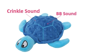Detail of blue turtle dog plush with squeaker and crinkle paper internal features