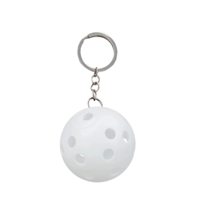White plastic pickleball keychain with metal ring and chain on a clean white background