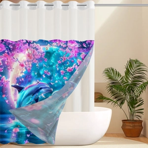Waterproof double layer shower curtain with blue dolphin and cherry blossom print