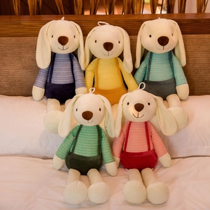 Long Ear Rabbit Plush Toy Soft Stuffed Animal Bunny Doll Striped Overalls Comforting Birthday Gift For Kids Nursery Decor