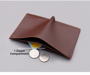 Detail view of the brown lychee leather wallet interior with functional zipper pocket
