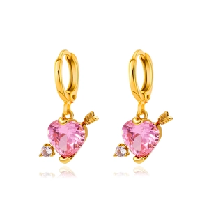 Cupid's arrow heart earrings with pink stones and gold plating on white background