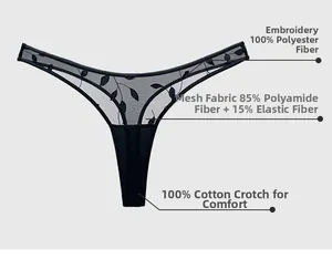 Detail view of mesh thong with leaf embroidery and 100% cotton lining material