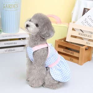 Blue and white checkered pet princess dress with pink straps on a small dog