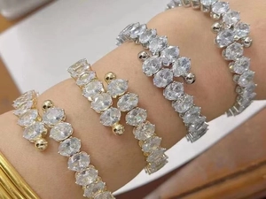 Bracelet Ouvert En Cuivre Minimaliste Avec Zircon Ovale Bracelet En Zircone Étincelante Pour Femmes Hommes Mode Hip Hop