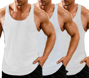 Three-pack set of white cotton muscle tanks for men’s athletic fitness and workout