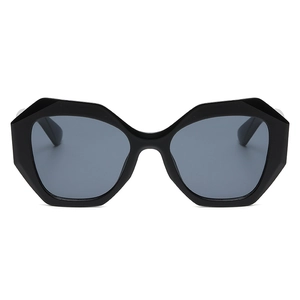 Modern square oversized black sunglasses with geometric frame and dark grey lenses