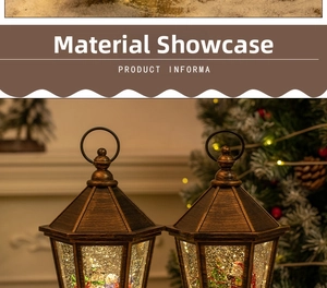 Detail of vintage copper Christmas lanterns featuring Santa and snowman with sparkling snow