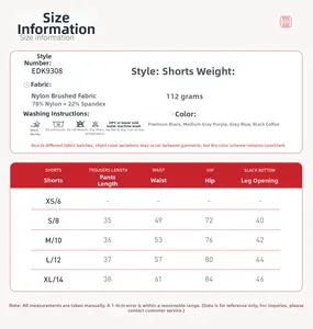 Size chart and fabric specs for high-waisted brushed yoga shorts in multiple sizes