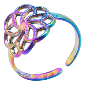 Détail de la bague en acier inoxydable arc-en-ciel avec un motif floral évidé complexe