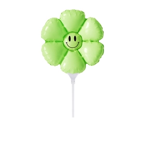 Light green daisy flower foil balloon with smiley face on a white plastic stick