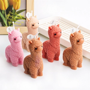 Detail view of colorful alpaca shaped scented candles with realistic fur textures and tags