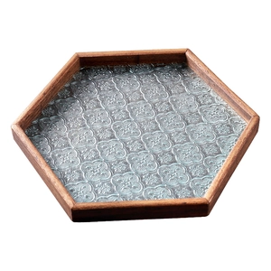 Hexagonal wood serving tray with vintage embossed glass base for tea and desserts
