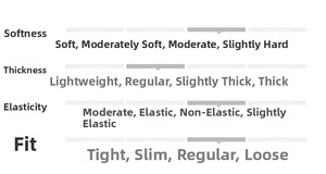 Size chart showing regular thickness, moderate softness, and fit profile of the dress