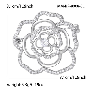 Silver hollow rose brooch with zircon inlays and detailed size specifications