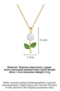 Detail of titanium steel rose pendant necklace with crystal inlay and dimensions info