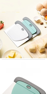 Detail of 2-in-1 stainless steel dough scraper and plastic spatula set in morandi green