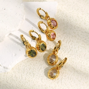 Detailed set of 18K gold plated hoop earrings with pink green and clear zircon stones