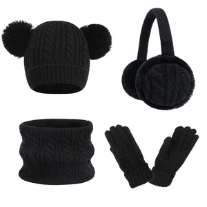 Black 4-piece winter set with cable knit hat, double pom poms, earmuffs, scarf and gloves