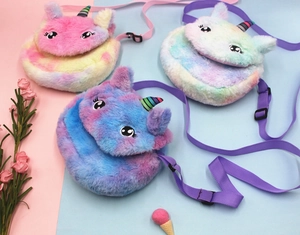 Detailed close-up of colorful unicorn plush crossbody bags with soft faux fur texture