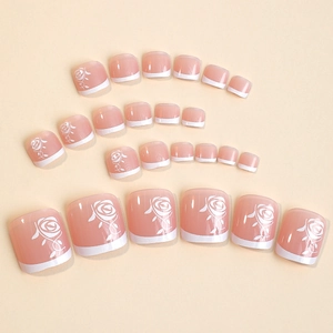 French tip pedicure press-on nails set with elegant white rose floral patterns and nude base