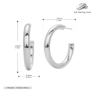 Detailed size chart showing height, diameter and weight of silver C-shape hoop earrings