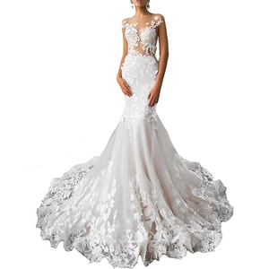 Elegant ivory mermaid lace wedding dress with sheer neckline and long petal train
