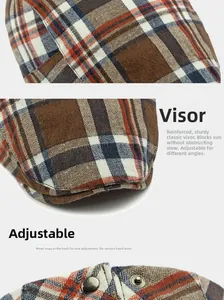 Detail of plaid beret fabric texture with reinforced brim and metal back buckle