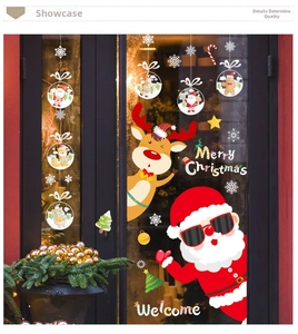 Detail of Santa Claus and reindeer window stickers for festive shop window decoration