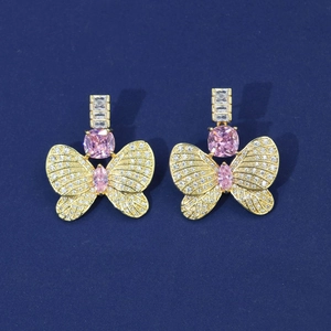 Exquisite gold-plated butterfly earrings with pink and white cubic zirconia stones