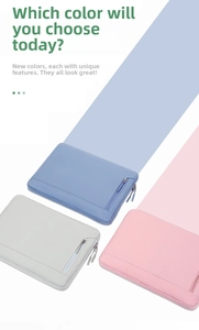 Detailed view of laptop sleeves in blue, grey, and pink with front zipper pockets