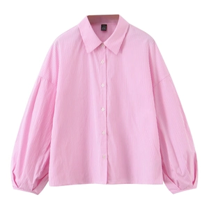 Camicia casual a righe rosa e bianche da donna con maniche lunghe, revers e bottoni bianchi