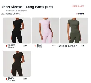 Collage aus Damen-Yoga-Sets in Schwarz, Rosa, Waldgrün und Kaffeebraun für Sport